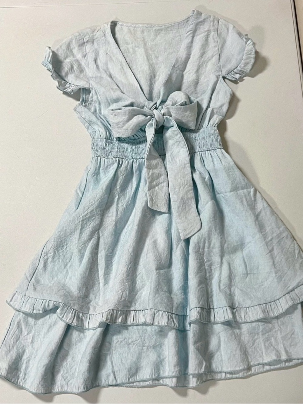 Baby Blue Pastel Bow Short Sleeve Linen Ruffle Dress Size XS 🩵✨ #dress #summer